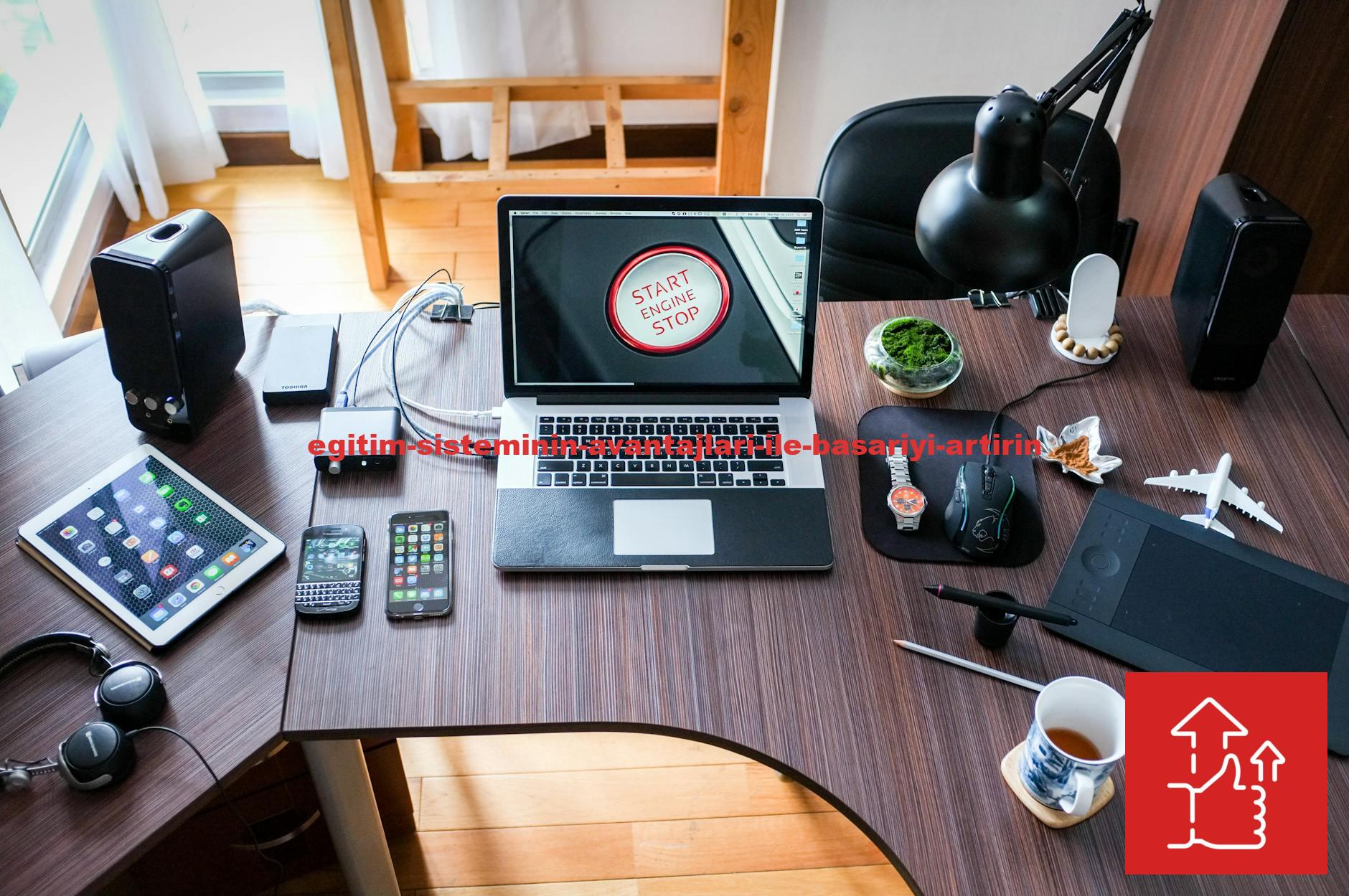 A contemporary office desk setup with laptops, gadgets, and accessories, creating a tech-savvy workplace.
