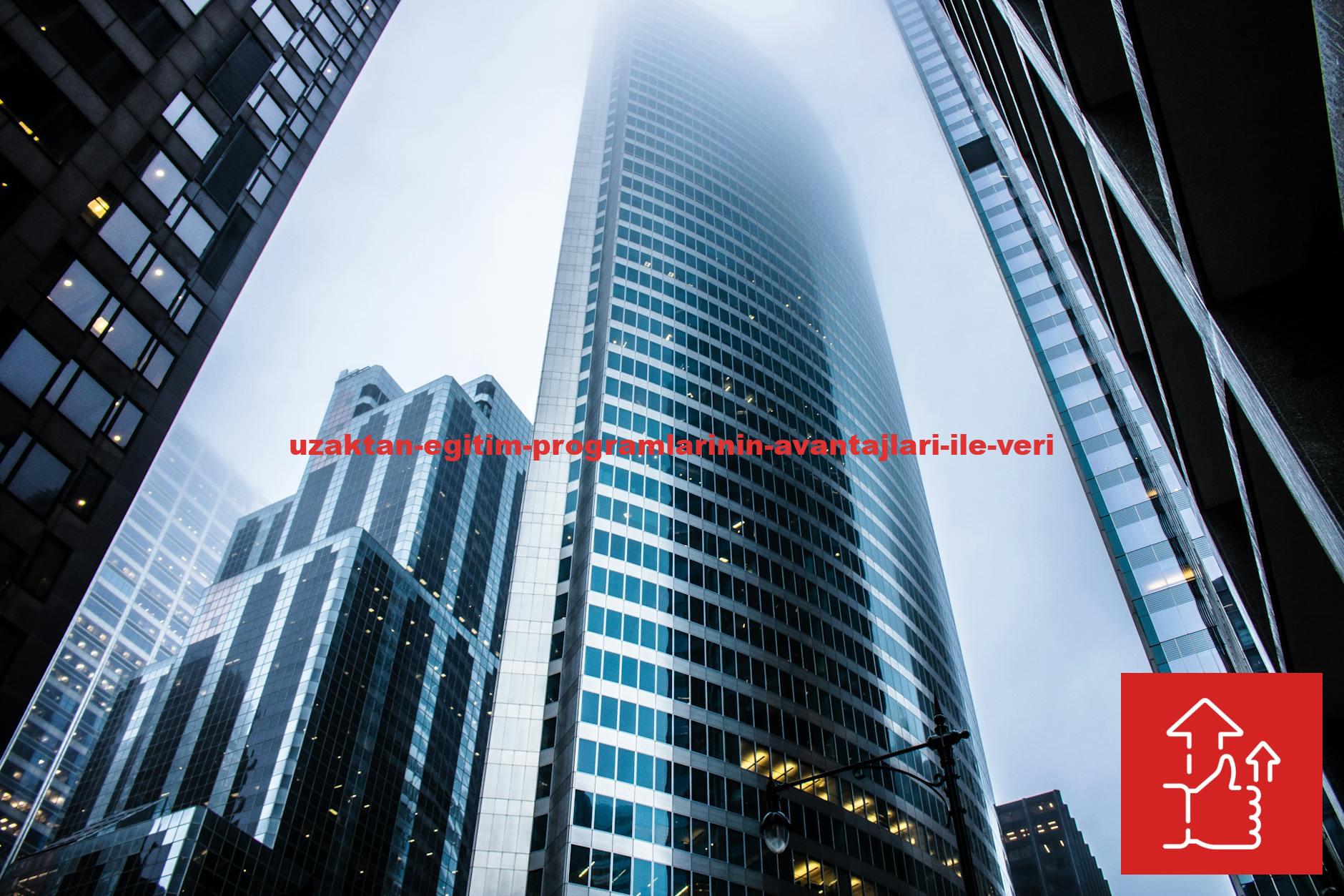 Dramatic view of modern skyscrapers shrouded in fog in an urban cityscape.