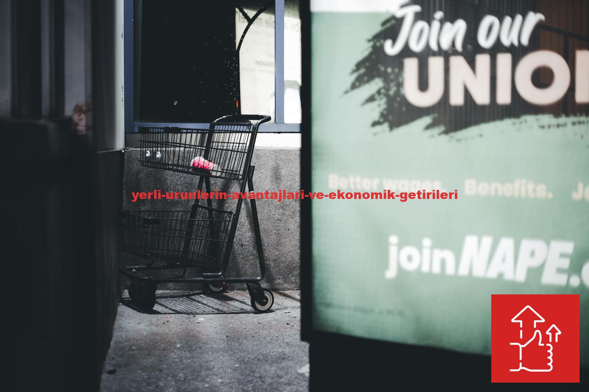 Dramatic urban scene featuring an empty shopping cart and a union sign at night.