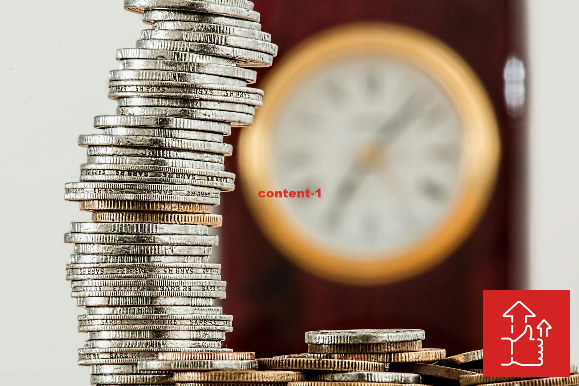 A close-up image of stacked coins with a blurred clock, symbolizing time and money relationship.