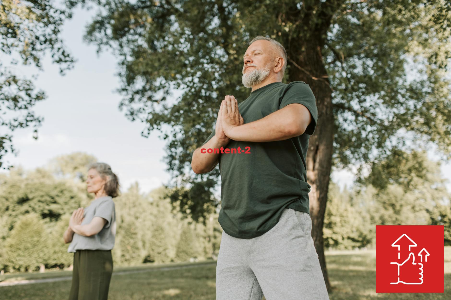 Elderly couple meditating in a peaceful park setting, promoting a healthy lifestyle.