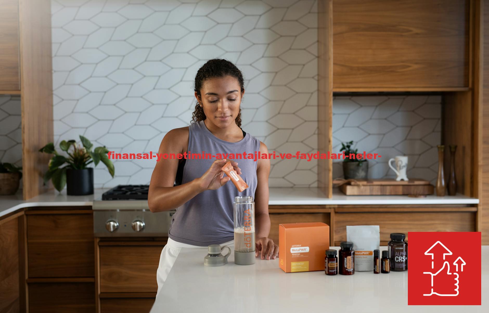 A woman uses essential oils and supplements in a contemporary kitchen for wellness.