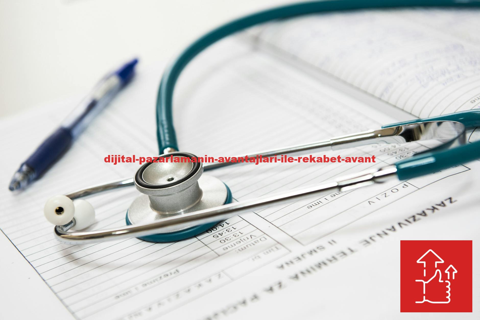 A stethoscope and pen resting on a medical report in a healthcare setting.