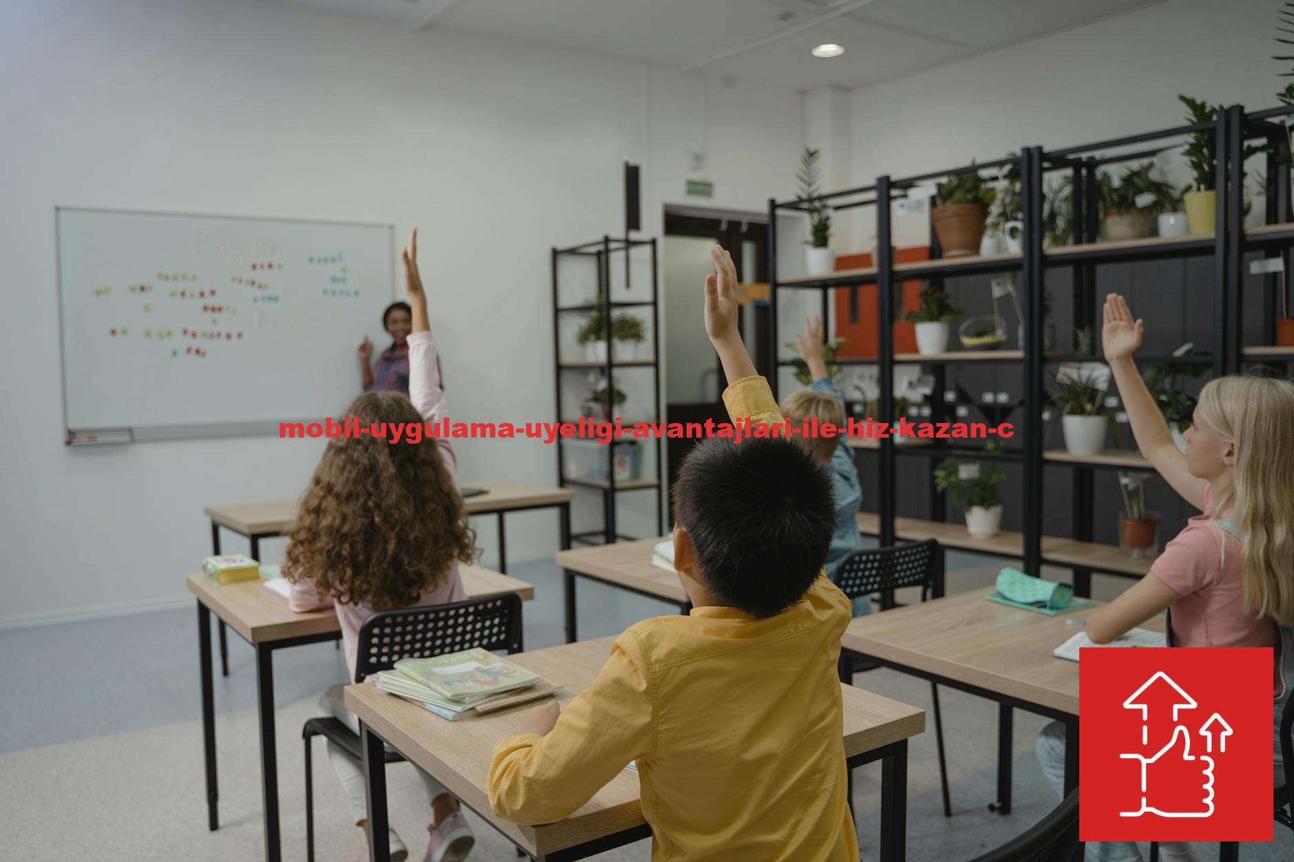 Diverse group of students raising hands in a vibrant classroom setting with teacher at front.