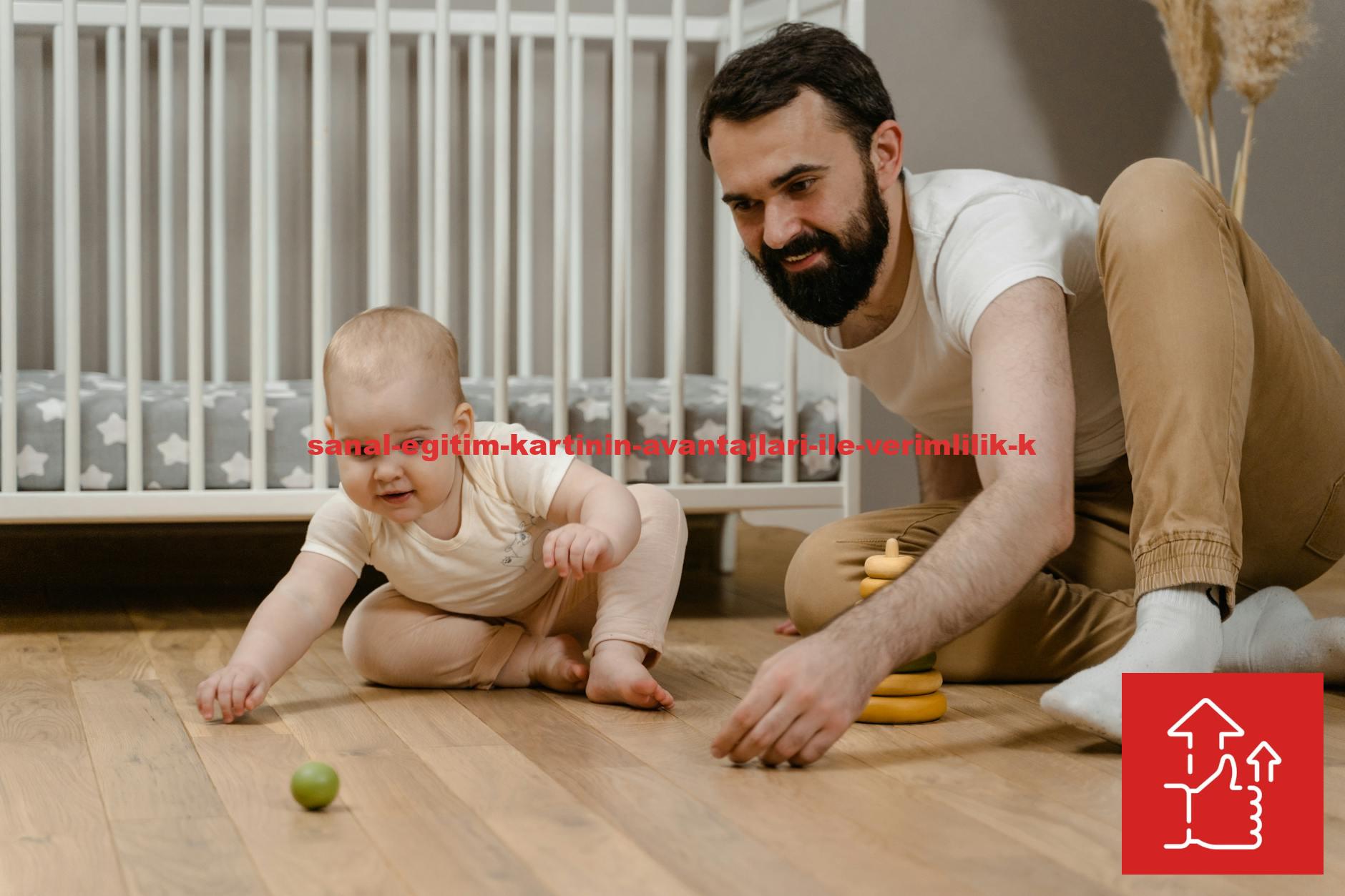 Father bonding with his baby in a cozy nursery, enjoying quality playtime on a wooden floor.