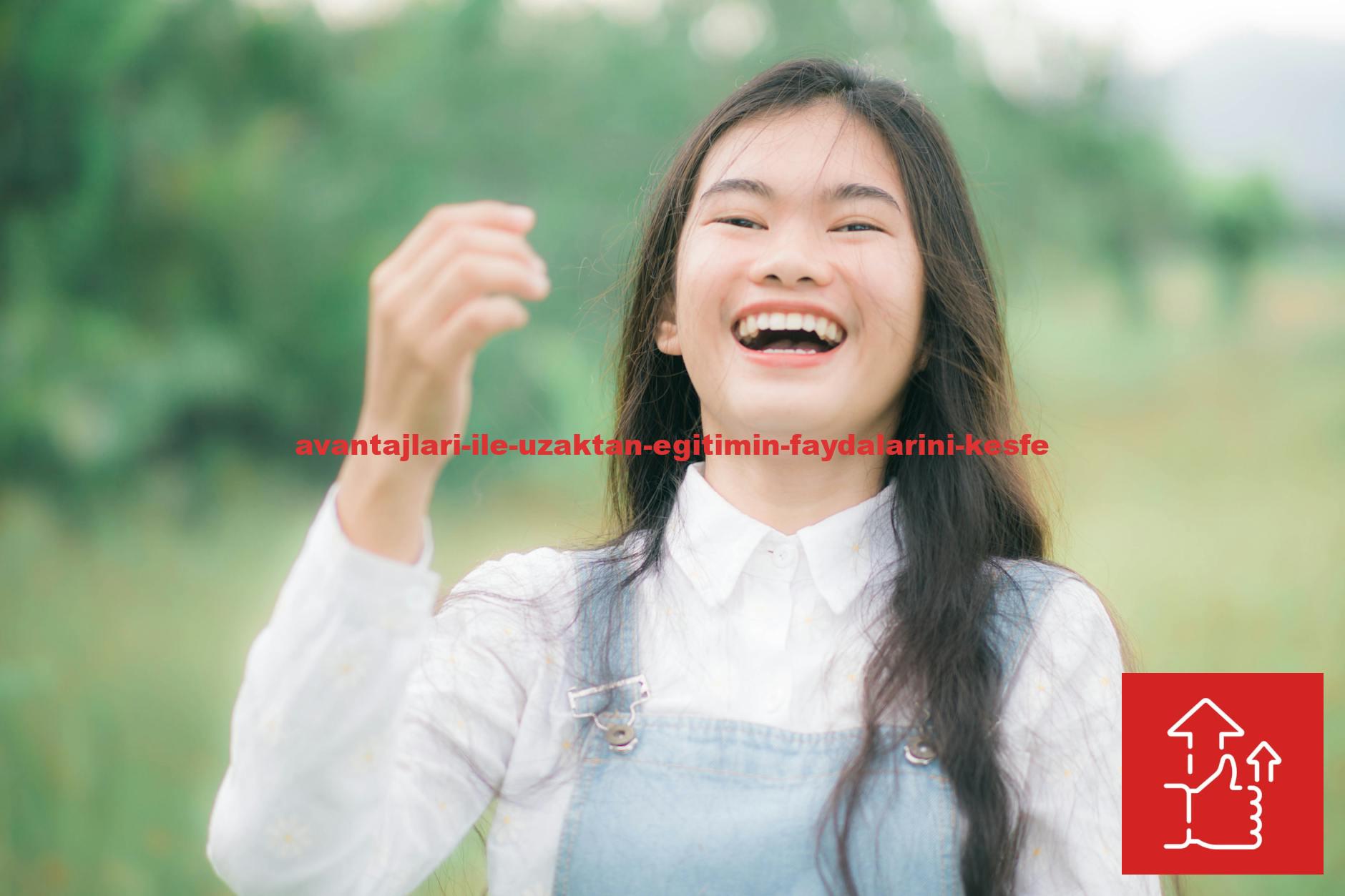 A cheerful teenage girl laughing joyfully in a lush outdoor environment with a blurred background.