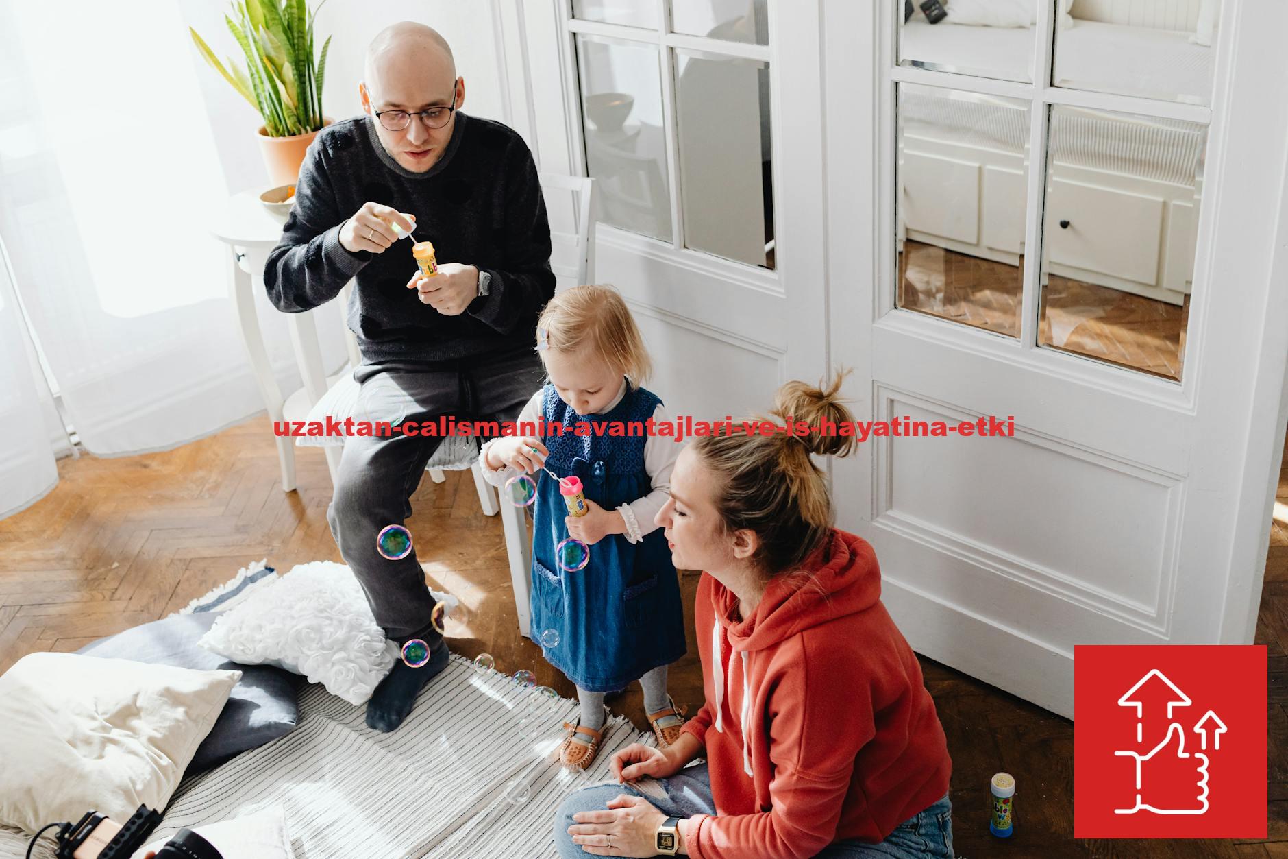 A family bonding while blowing bubbles together indoors, capturing a joyful moment.