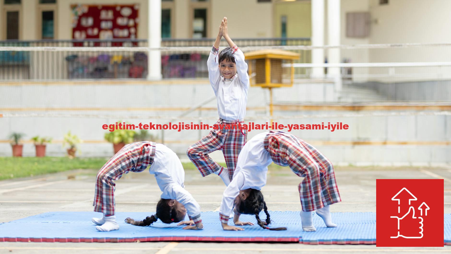 Three children performing yoga poses outdoors on a school playground.
