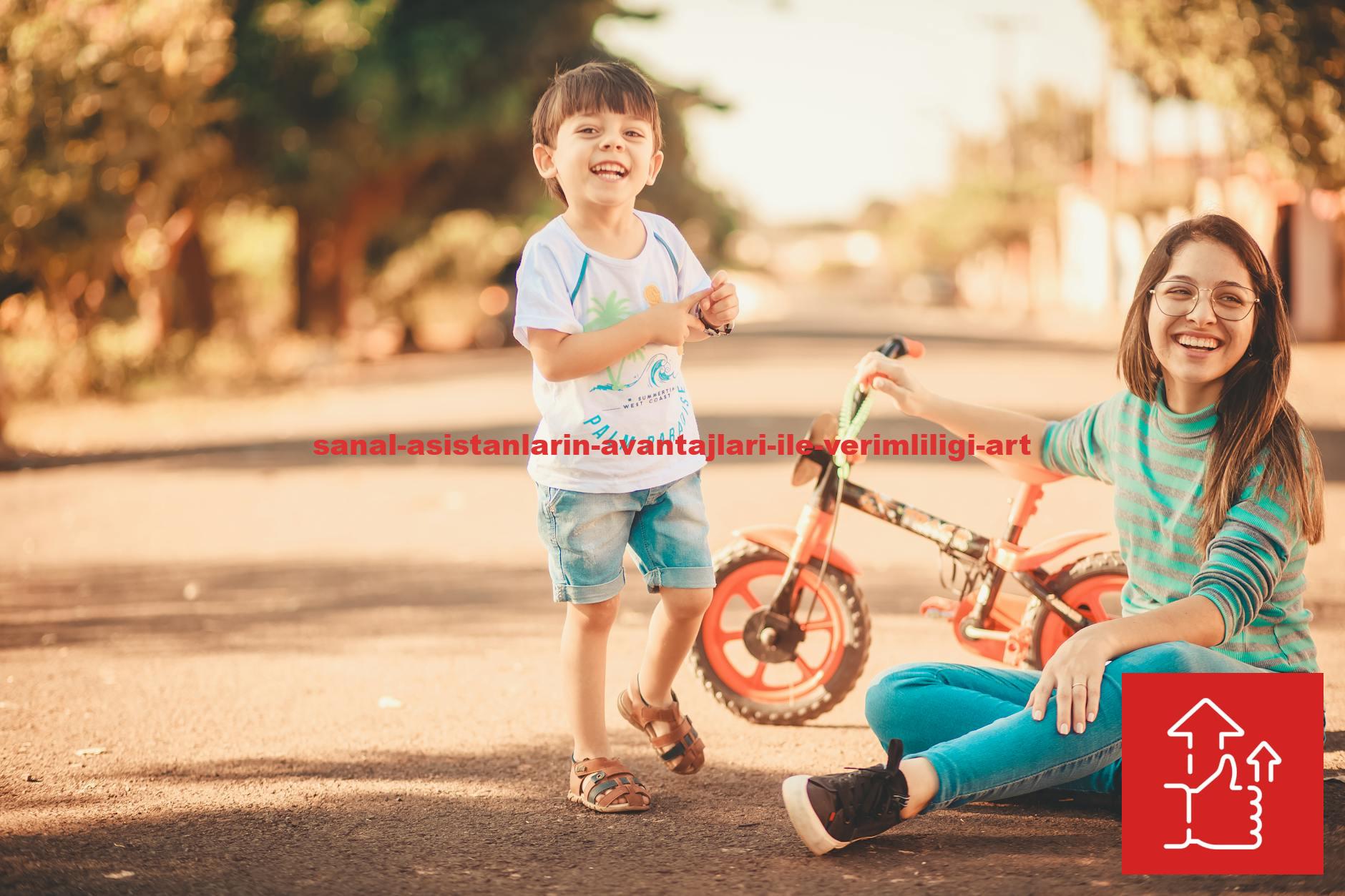 A joyful moment of a mother and son bonding outdoors, enjoying a sunny day with a tricycle.