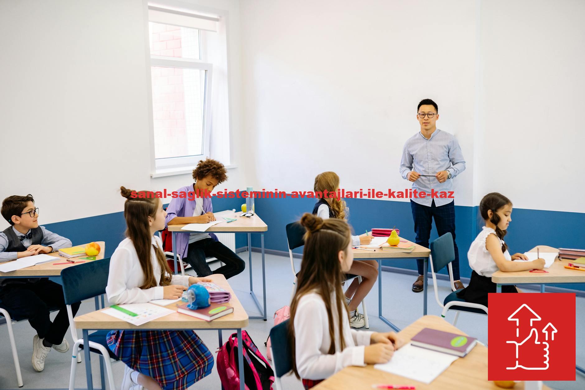Teacher instructing a diverse group of elementary students in a modern classroom setting.