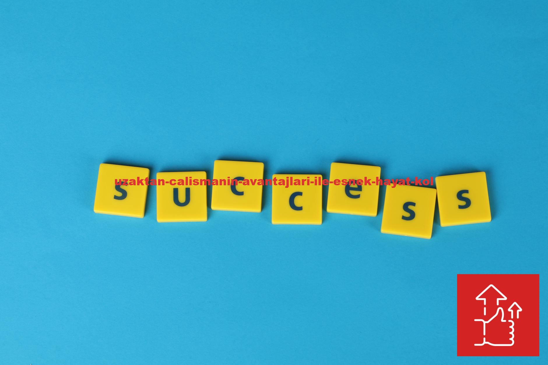 Yellow letter tiles spell the word success on a vibrant blue backdrop, symbolizing achievement.