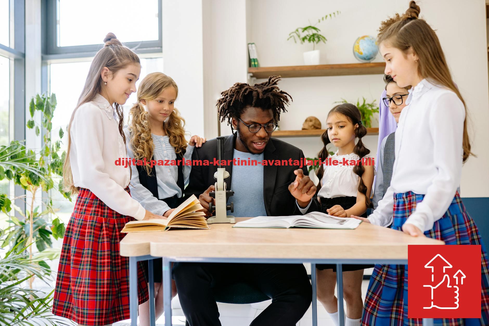 Teacher and diverse group of students in school setting, learning with books and microscope.