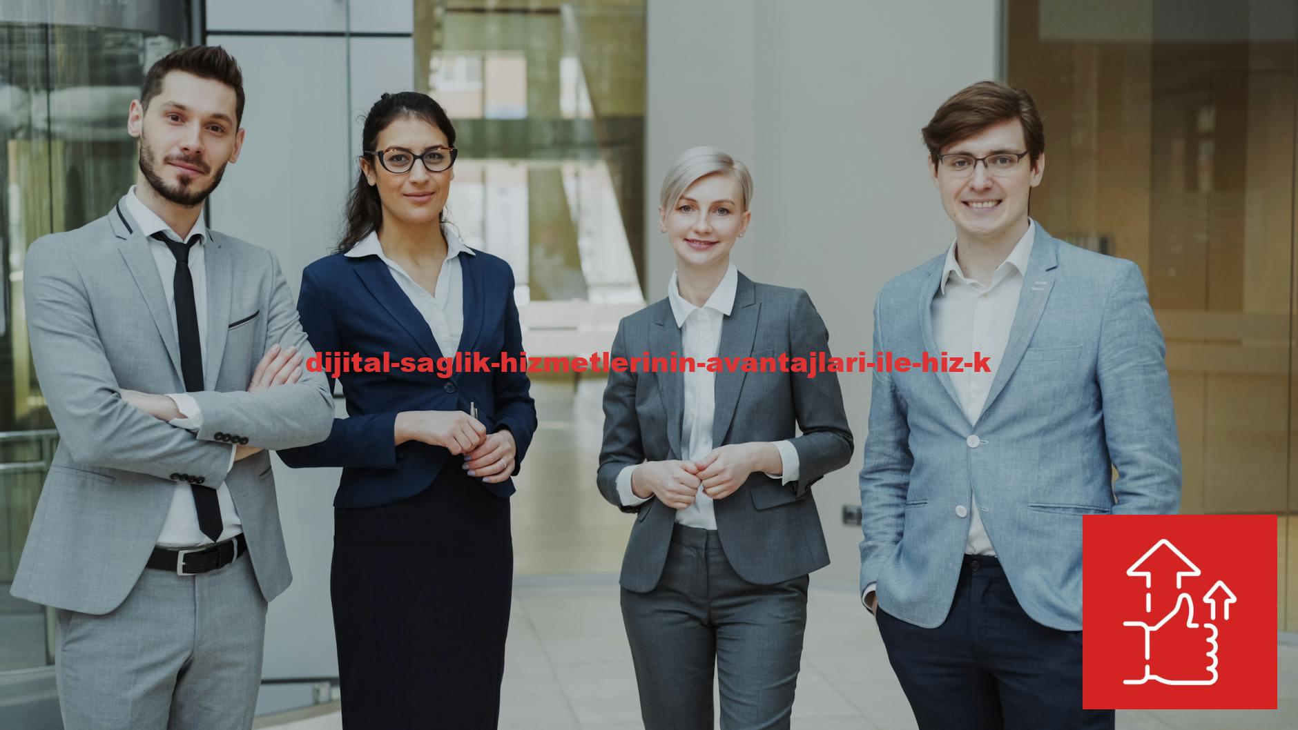 Four business professionals posing confidently in a modern office environment.