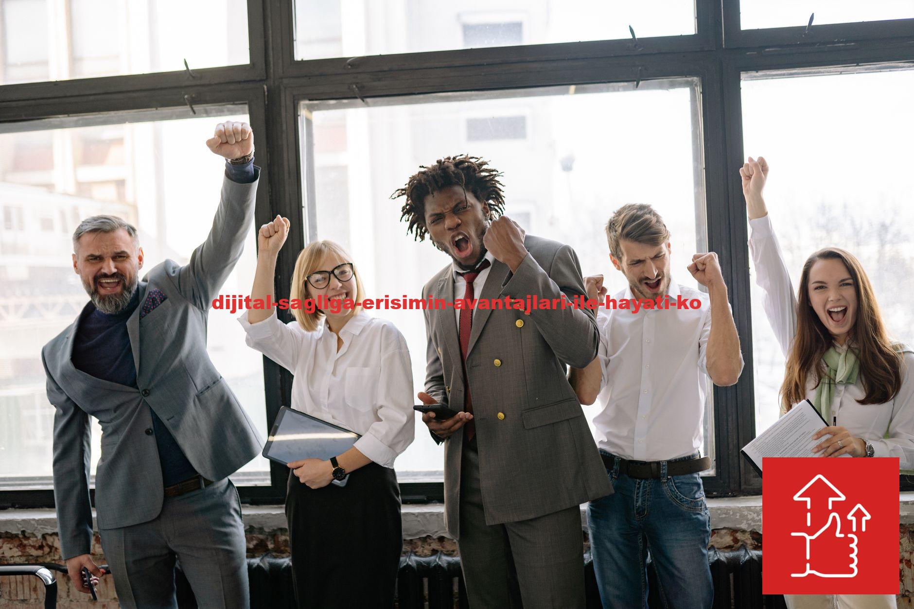 Group of diverse professionals celebrating achievement in office setting with enthusiasm.