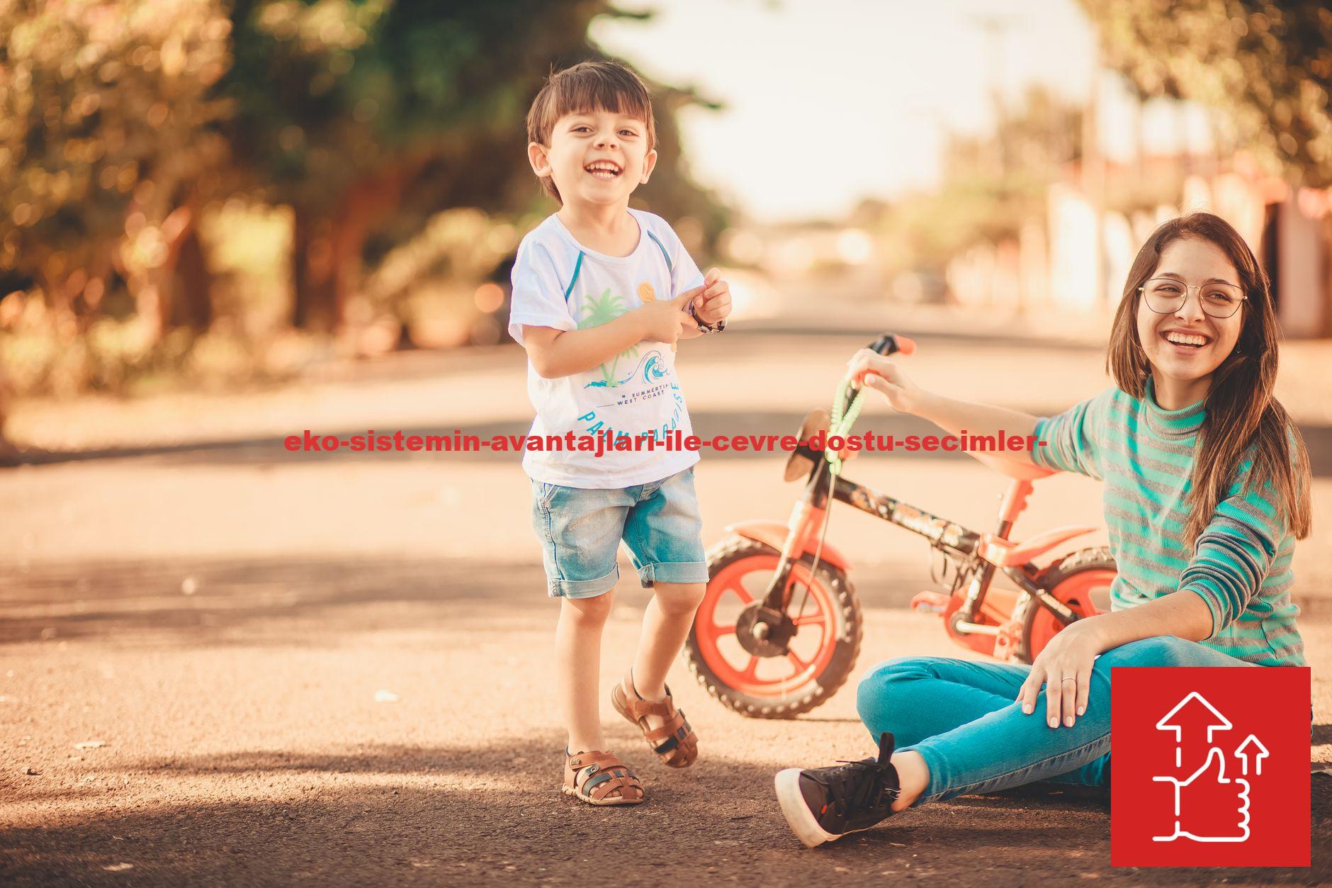 A joyful moment of a mother and son bonding outdoors, enjoying a sunny day with a tricycle.